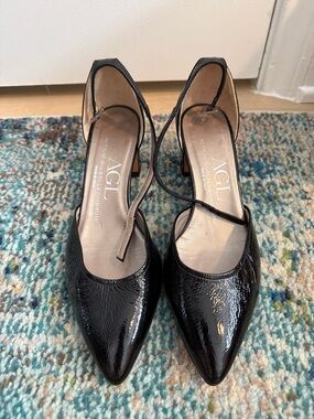 AGL Black Patent Leather Pointed-Toe Ankle-Strap Pumps